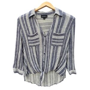 FORTUNE IVY Womens Striped Button Down Shirt Top Blue White Tie Front‎ Size L